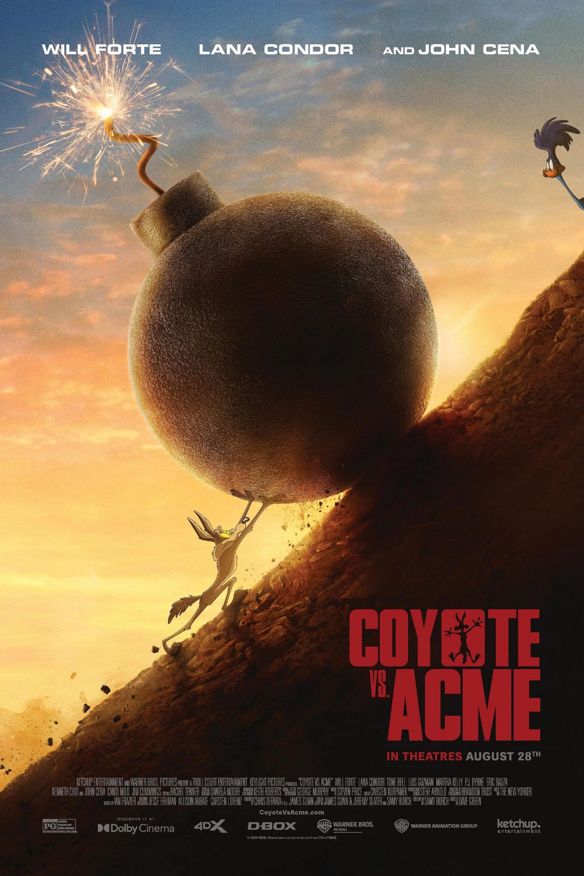 Coyote vs. Acme movie poster with Wile E. Coyote pushing a giant bomb up a rocky slope against a golden sunset