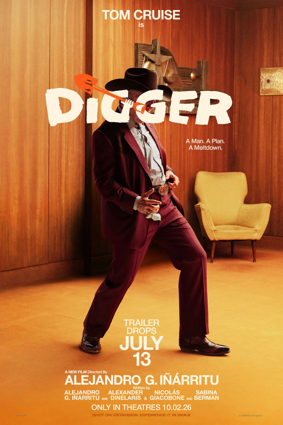 Digger Tom Cruise movie poster with burgundy suit, black hat, warm wood paneling, and large cream title lettering
