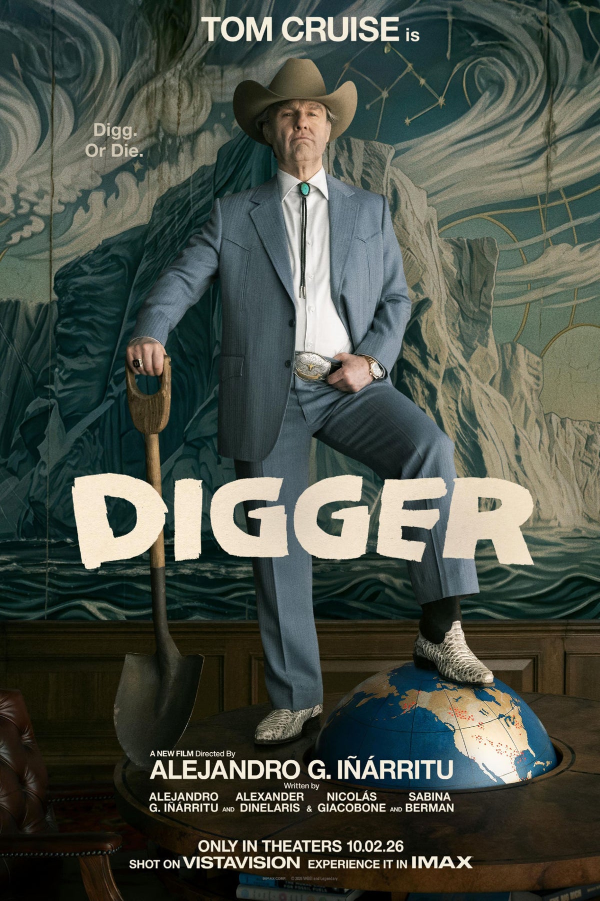 Digger Tom Cruise movie poster with cowboy hat, gray suit, shovel, and boot resting on a globe