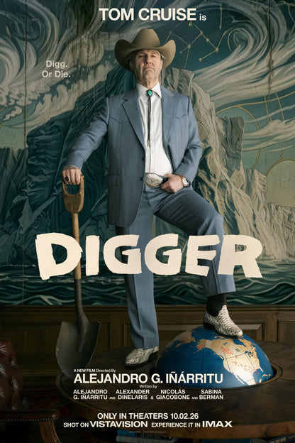 Digger Tom Cruise movie poster with cowboy hat, gray suit, shovel, and boot resting on a globe
