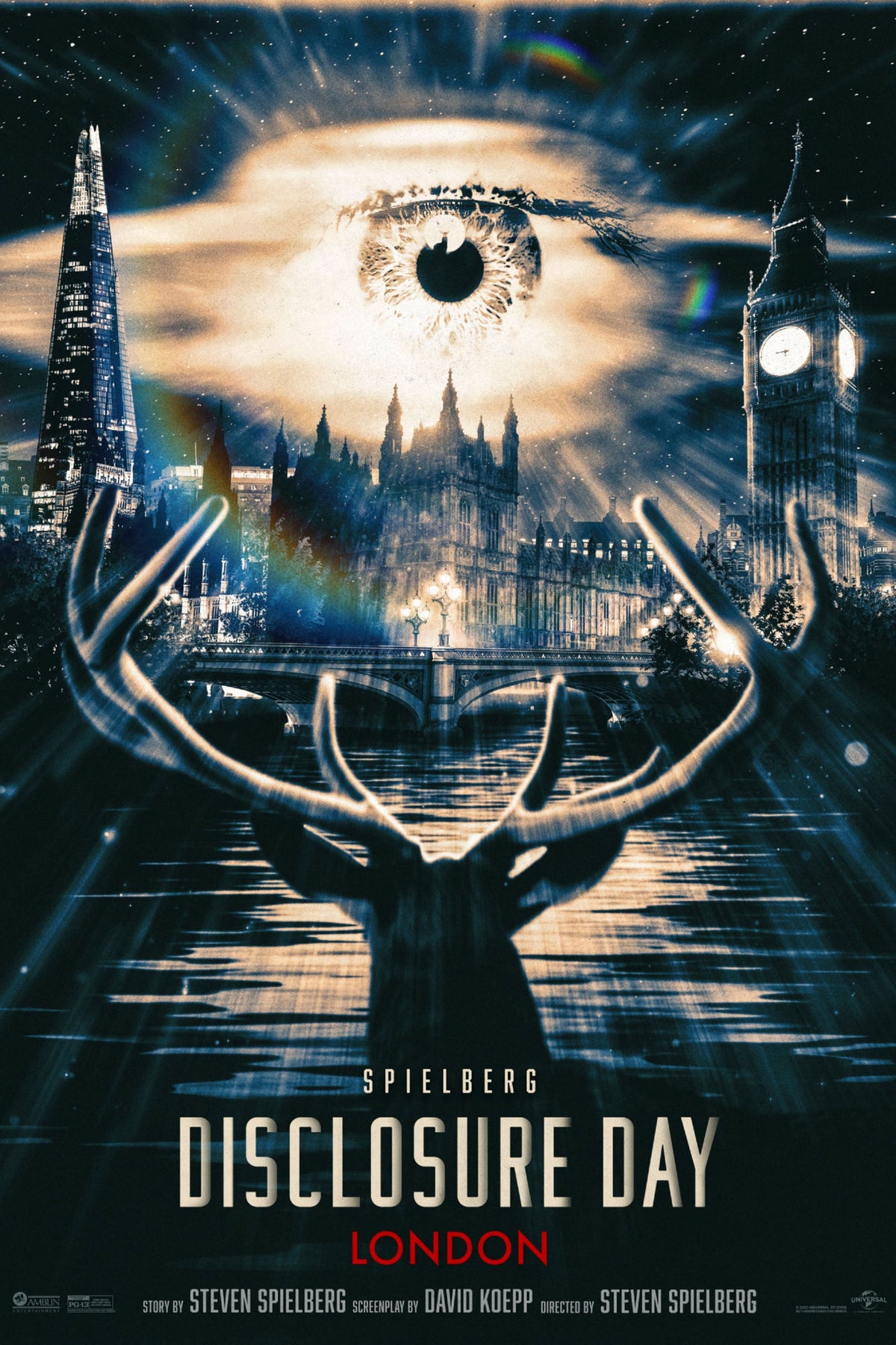 Disclosure Day London movie poster with a giant eye above Big Ben and Parliament and a stag in reflective water