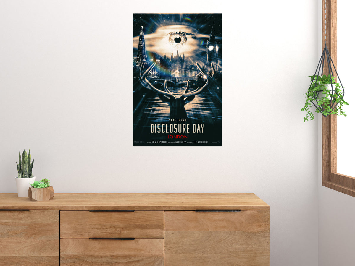 Disclosure Day London poster displayed above a wooden sideboard beside a window and houseplants