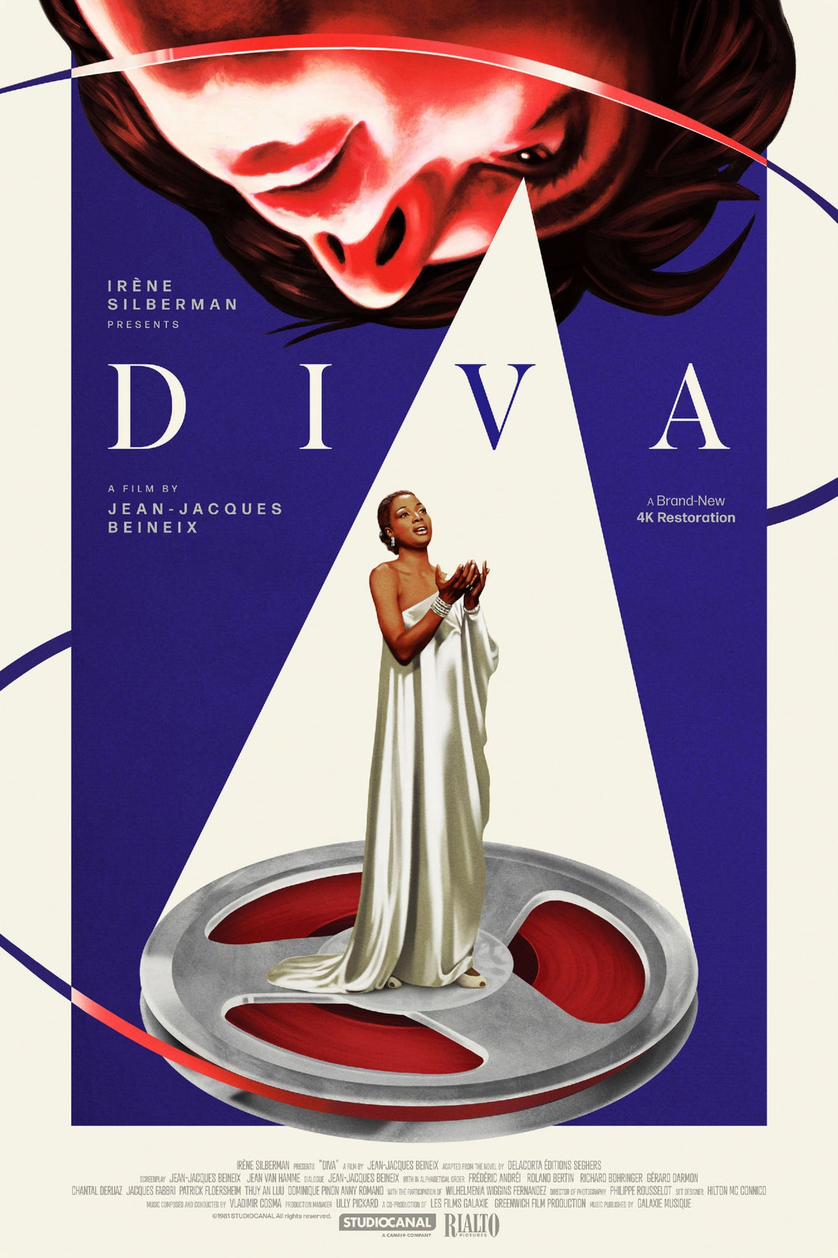 Diva movie poster with an opera singer on a film reel, cream spotlight, inverted red portrait, and blue-violet background