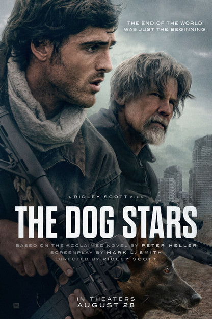 The Dog Stars movie poster with two character portraits, a dog, weathered city buildings, and white title lettering