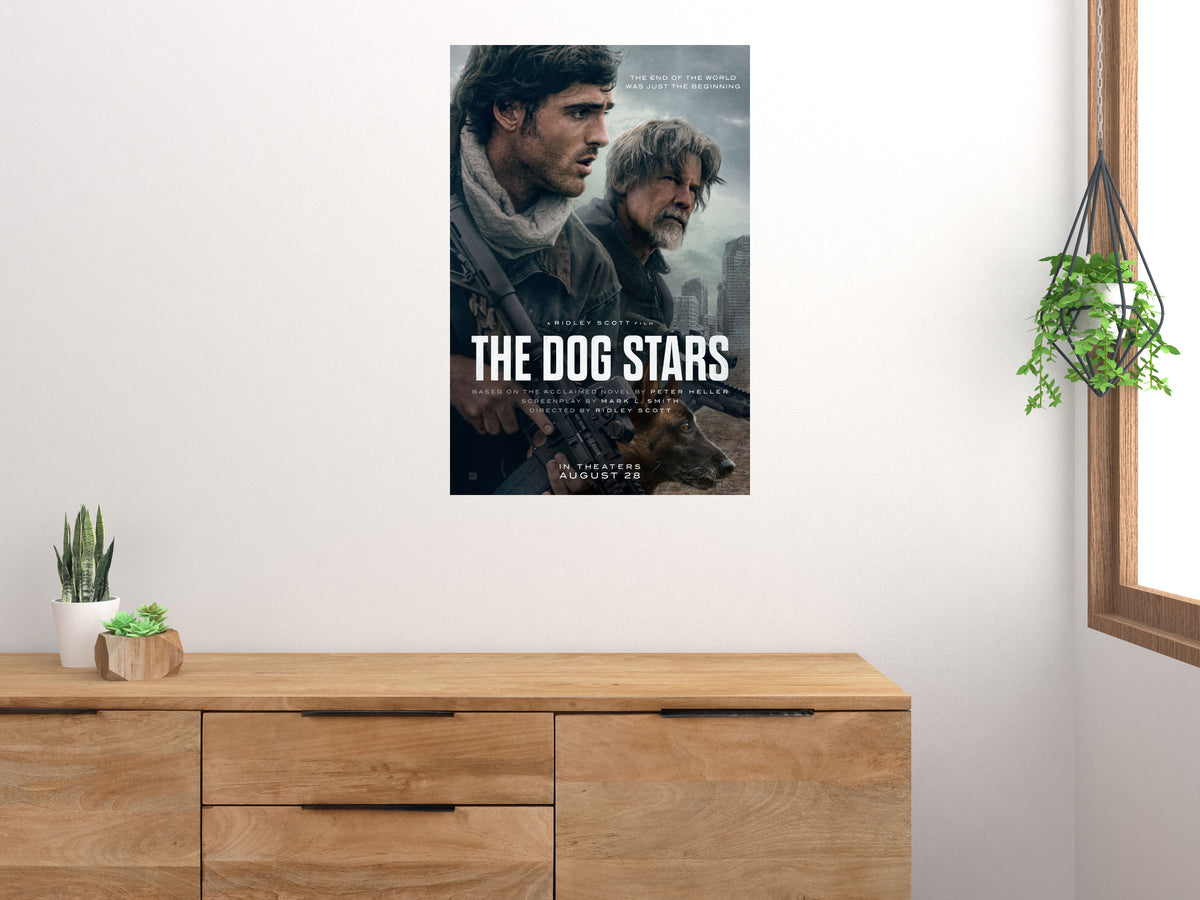 The Dog Stars movie poster displayed above a wooden sideboard beside a window and houseplants