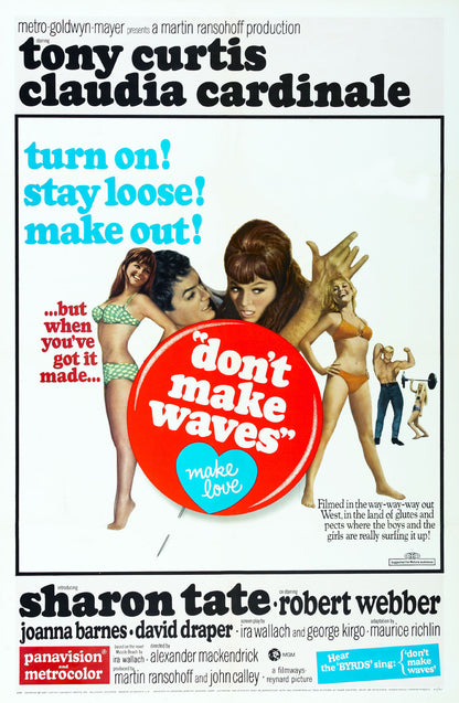 Don't Make Waves movie poster with Tony Curtis, Claudia Cardinale and Sharon Tate credits, red title circle and turquoise slogans