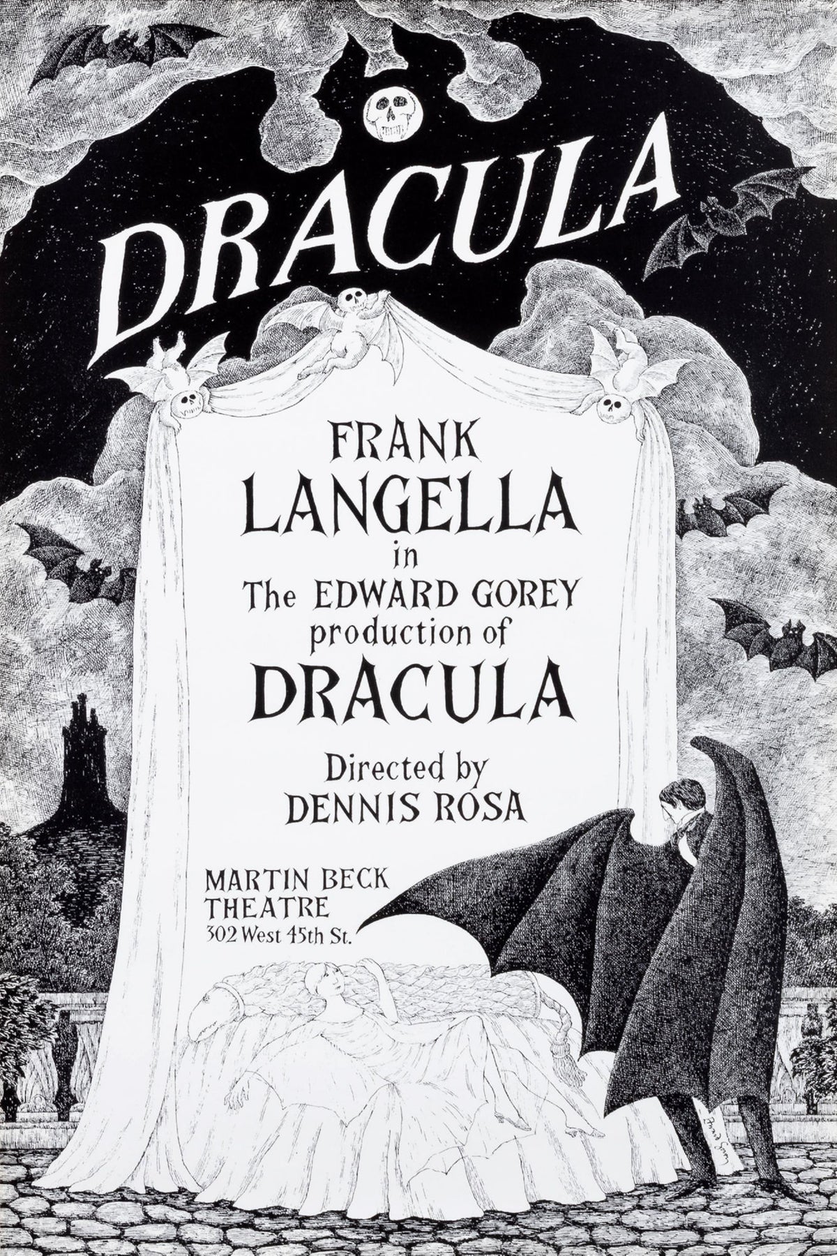 Black-and-white Dracula Edward Gorey theater poster featuring Frank Langella credits, bats, a moon, castle, and sweeping vampire cape