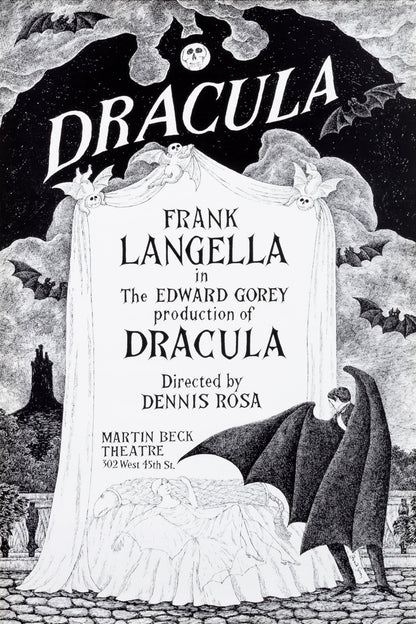 Black-and-white Dracula Edward Gorey theater poster featuring Frank Langella credits, bats, a moon, castle, and sweeping vampire cape