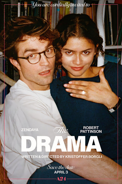 The Drama movie poster with Zendaya and Robert Pattinson in a close-up portrait, a ring detail, white title and pink border