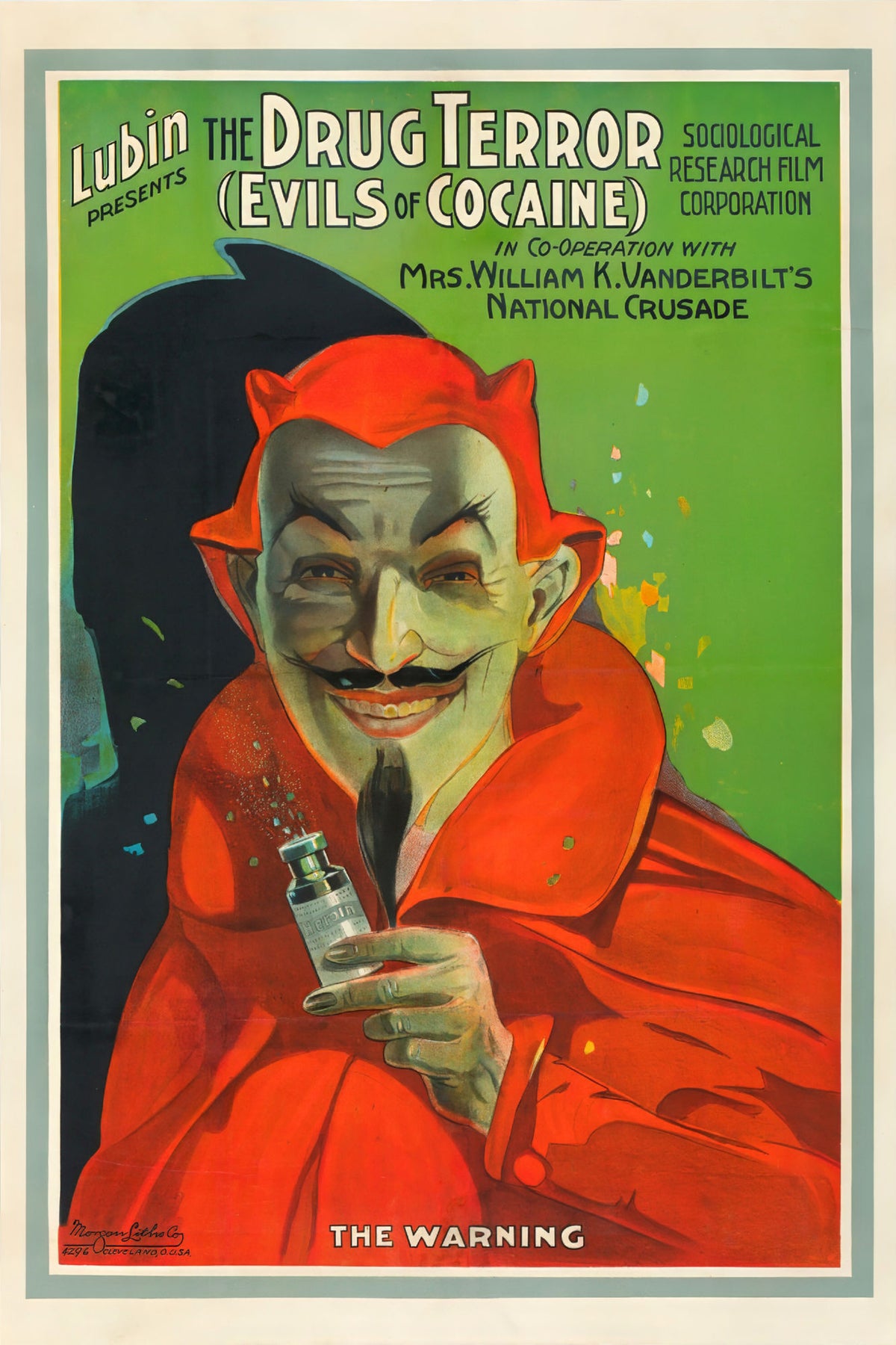 The Drug Terror Evils of Cocaine poster with a red-cloaked devil holding a bottle against a green background and black shadow