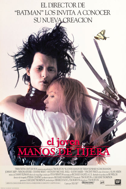 Edward Scissorhands Spanish poster with Johnny Depp and Winona Ryder embracing, scissor hands, butterfly and red El joven manos de tijera title