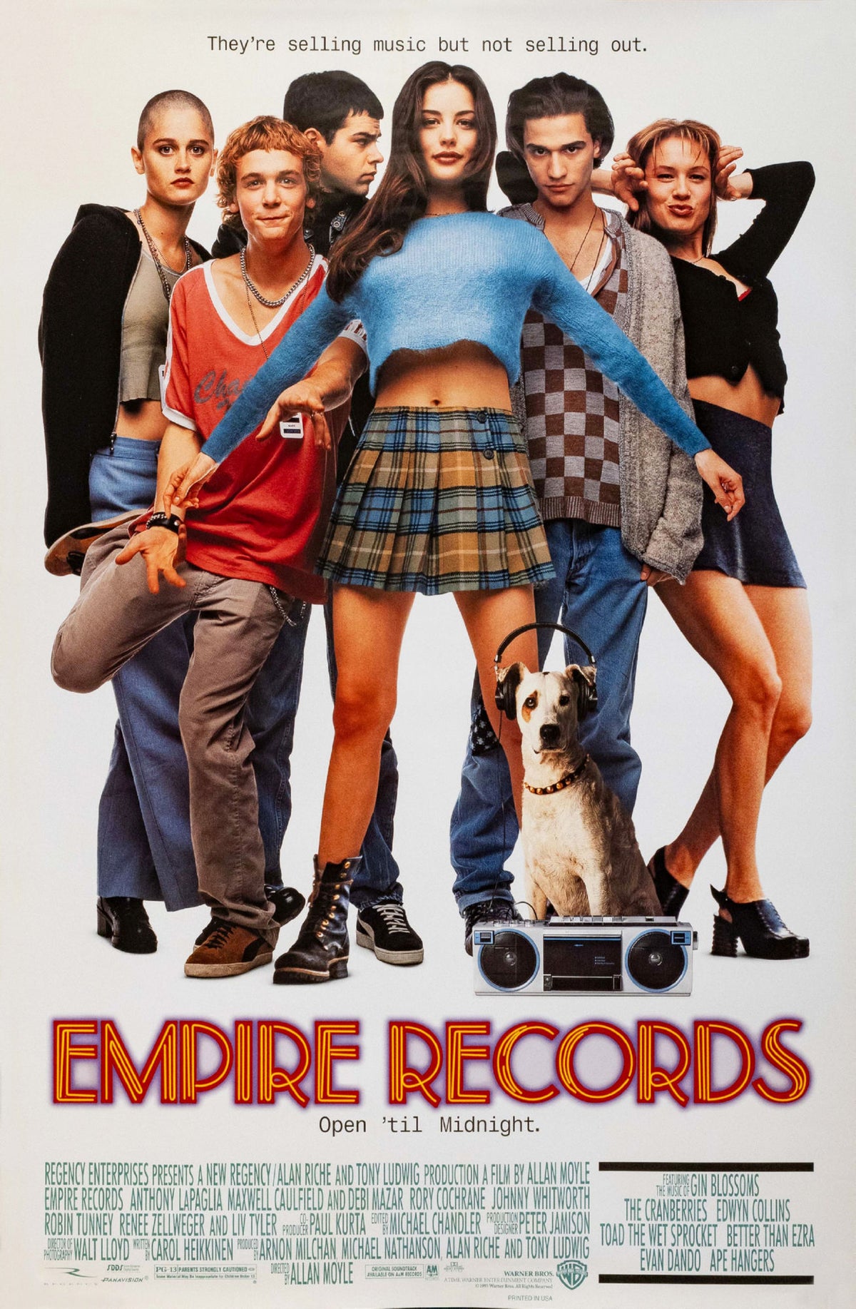 Empire Records movie poster with an ensemble cast lineup, headphone-wearing dog, boombox and red-and-yellow title