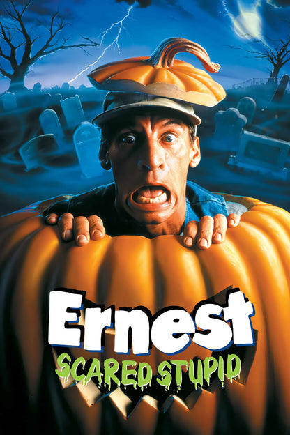Ernest Scared Stupid movie poster with Ernest inside a giant orange pumpkin against a blue lightning-lit graveyard
