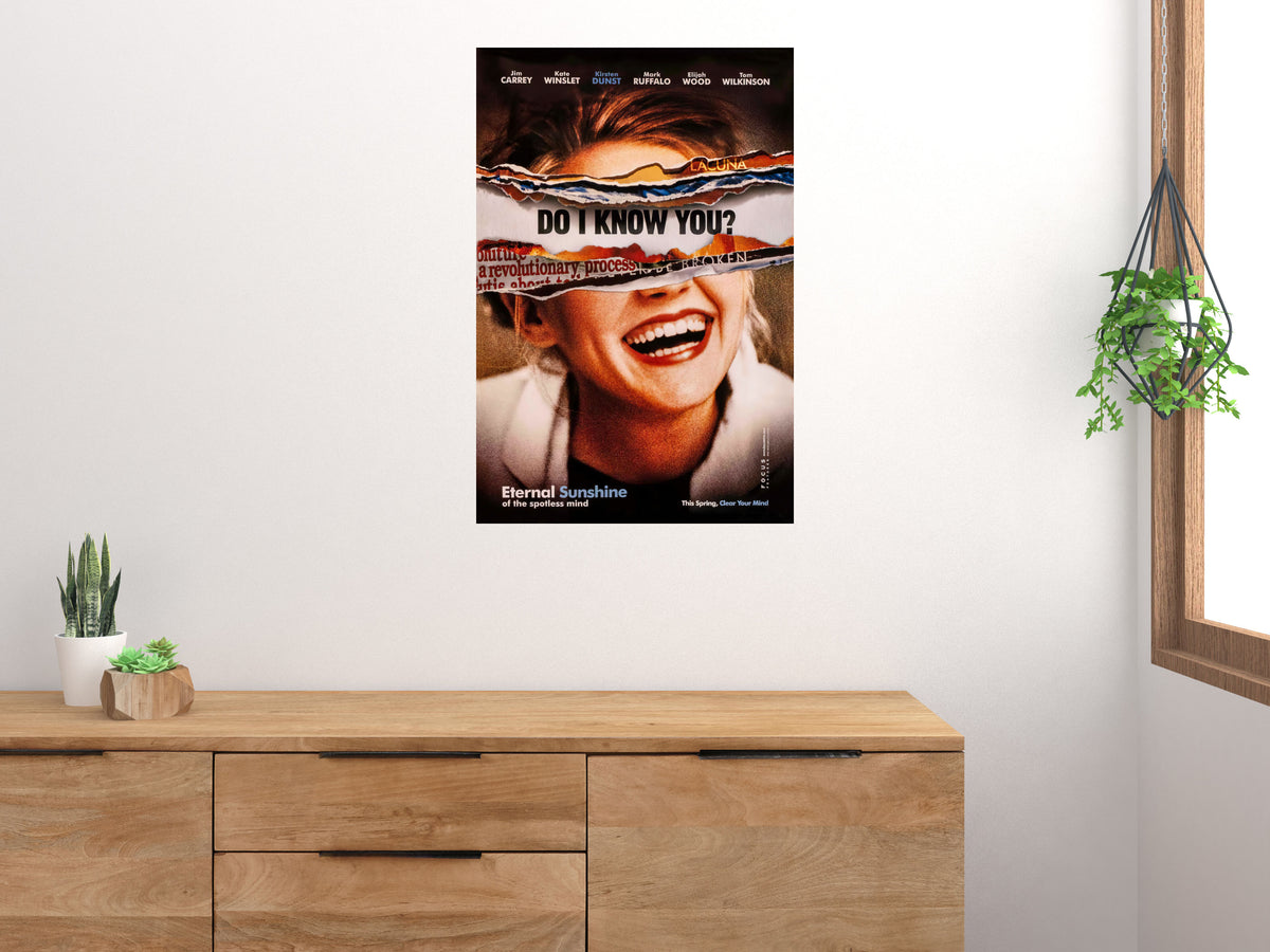 Eternal Sunshine of the Spotless Mind vertical movie poster displayed above a wooden cabinet on a light wall