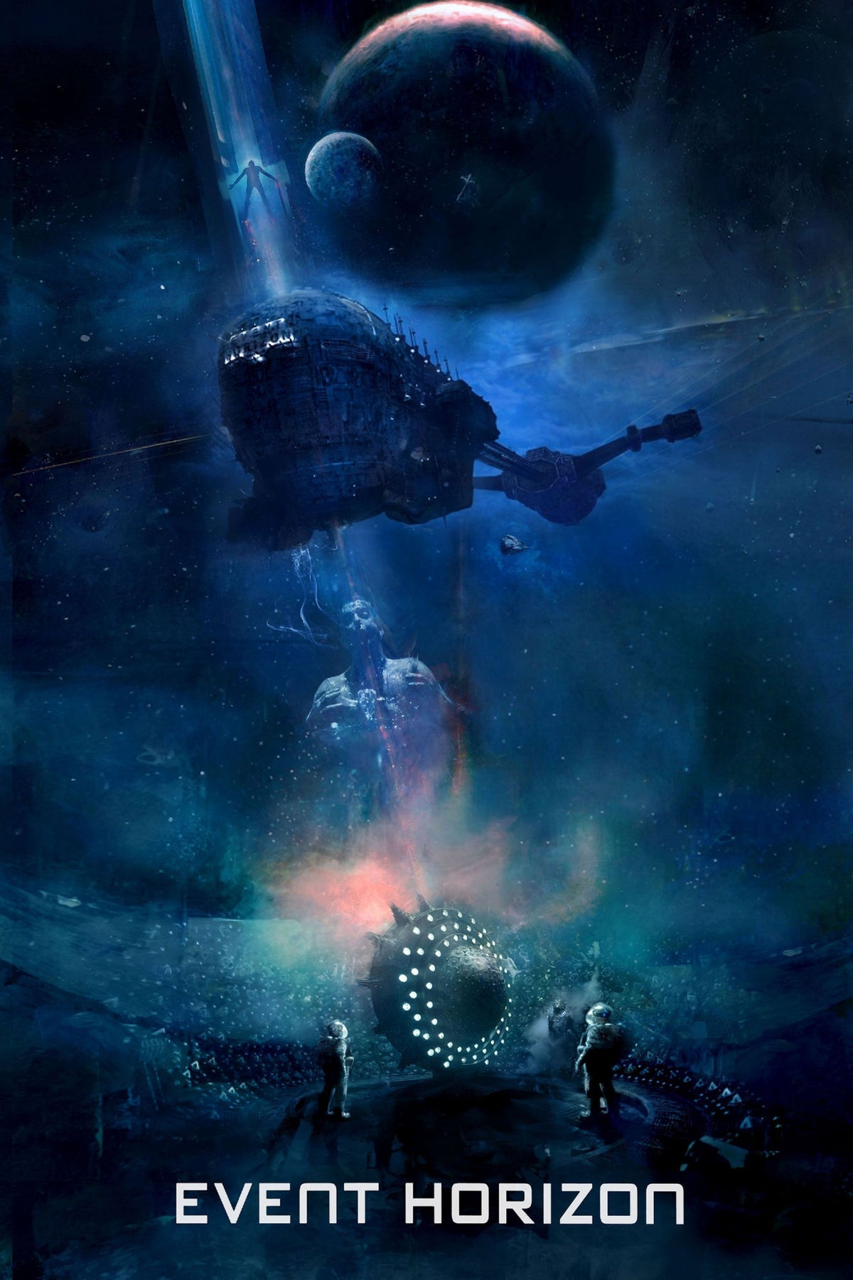 Event Horizon movie poster with a spacecraft, shadowed planets and glowing circular machinery in deep-blue space