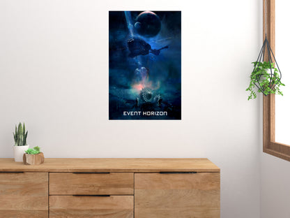 Event Horizon vertical movie poster displayed above a wooden cabinet on a light wall