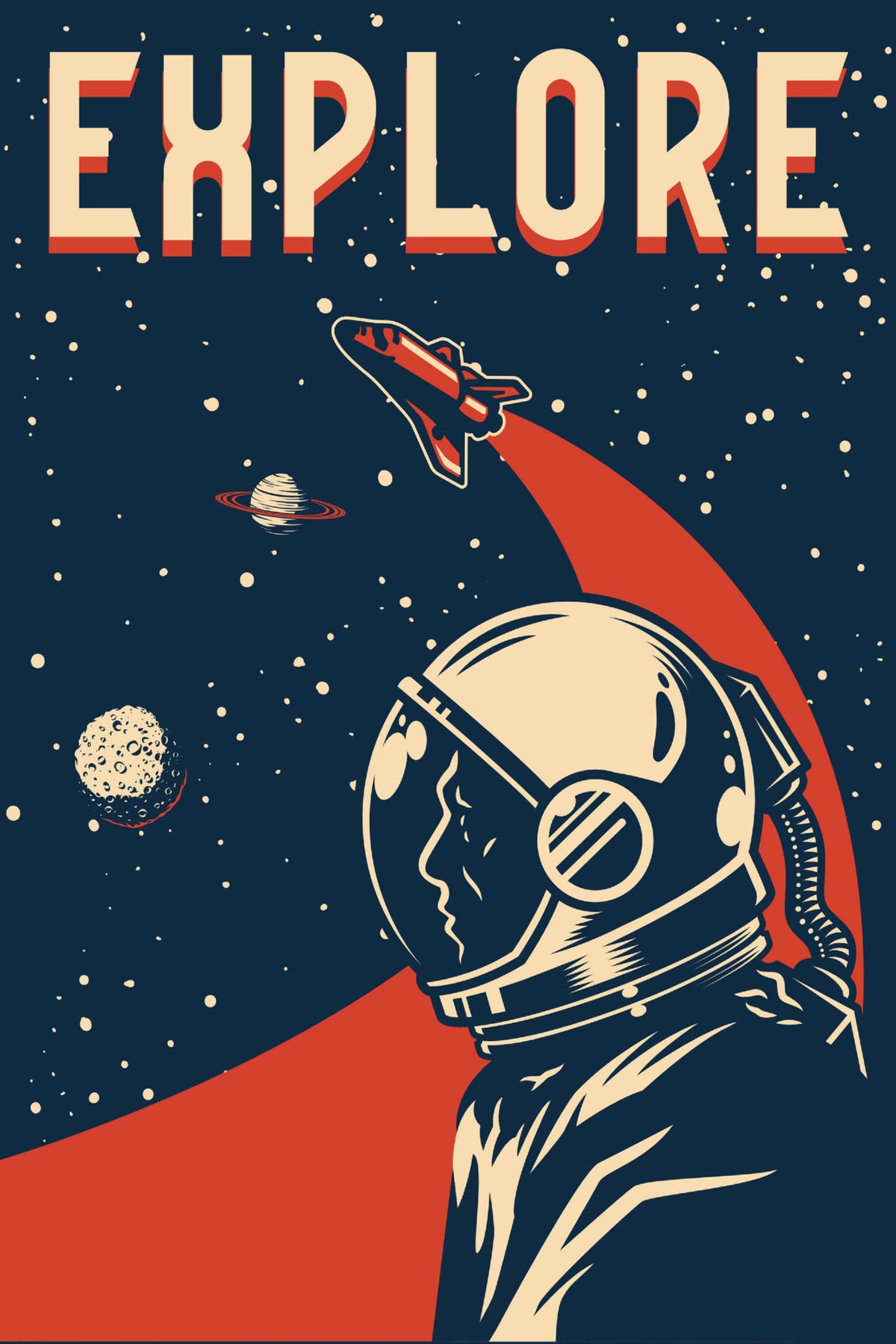Explore Space retro poster with cream astronaut profile, ascending shuttle, planets and stars on navy with red-orange accents