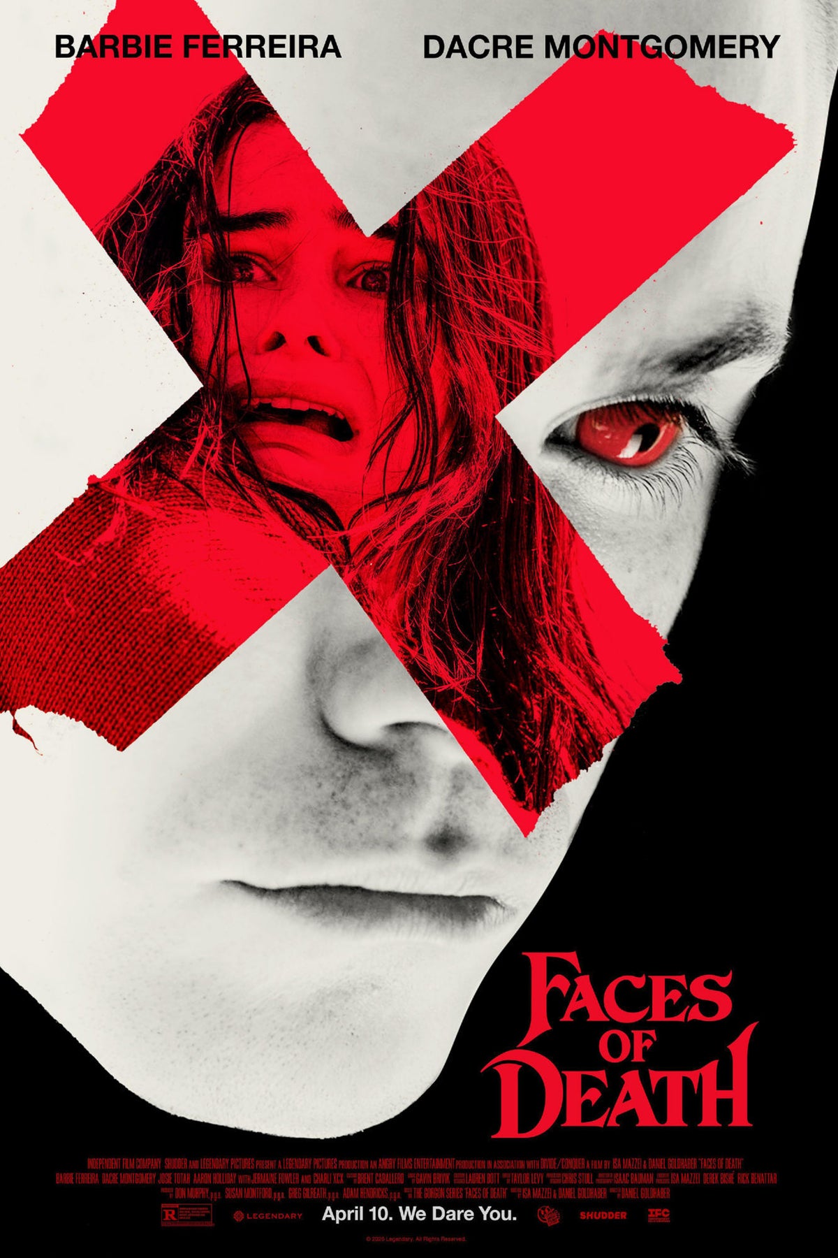 Faces of Death movie poster with a vivid red X containing a frightened face over a pale portrait on black