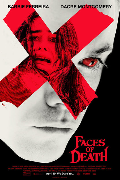 Faces of Death movie poster with a vivid red X containing a frightened face over a pale portrait on black