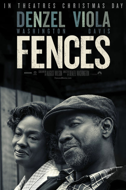 Fences movie poster with Denzel Washington and Viola Davis in a monochrome portrait beneath large cream title lettering