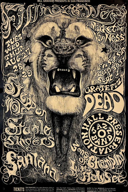 Fillmore West concert poster with a roaring lion and ornate cream psychedelic lettering on black