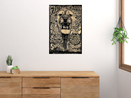 Fillmore West lion concert poster displayed vertically above a wooden cabinet on a light wall