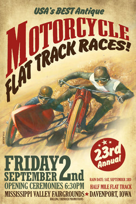 Flat Track Racing poster featuring vintage motorcycle and dirt track action