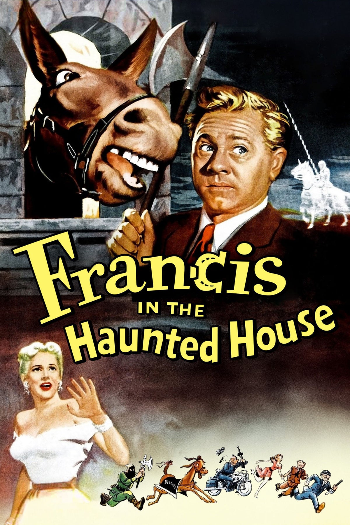 Francis in the Haunted House poster with a grinning mule, candle-holding man, yellow title and cartoon chase figures