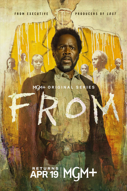  poster with a central male portrait, pale background figures, distressed yellow backdrop and white title