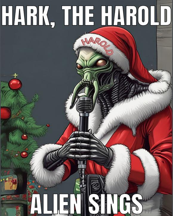 Alien in Santa outfit with microphone Funny alien Christmas poster with Santa suit and mic