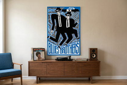 The Blues Brothers poster displayed above a record console in a blues-inspired music-room lifestyle mockup