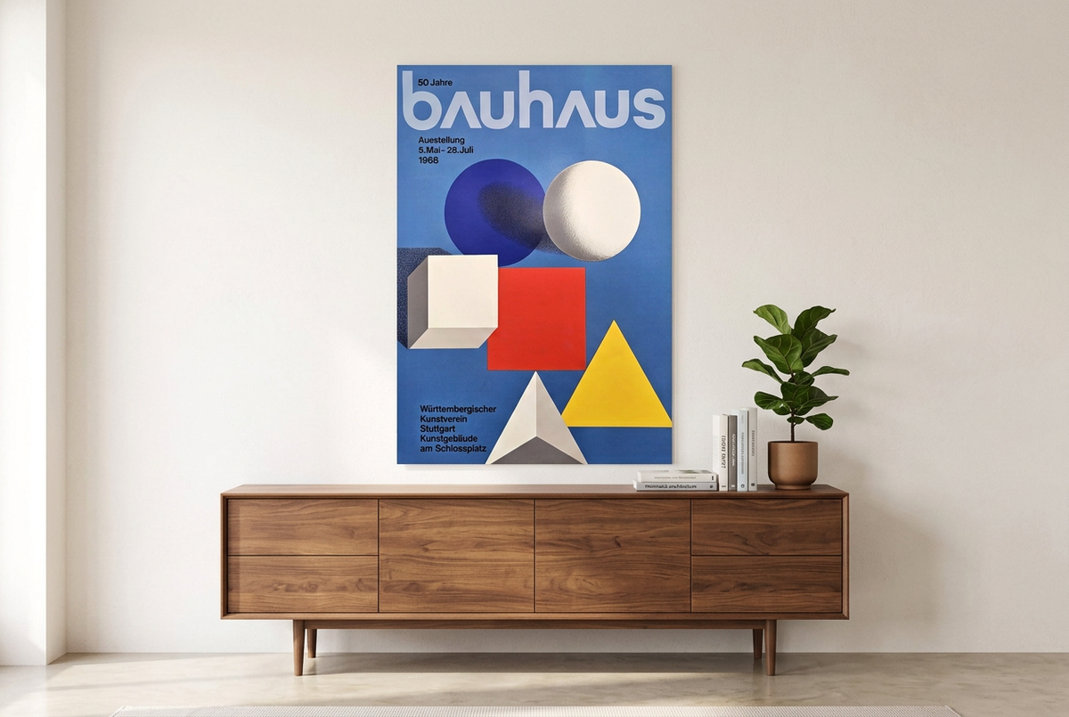 Lifestyle mockup of the Bauhaus geometric poster displayed above a walnut sideboard