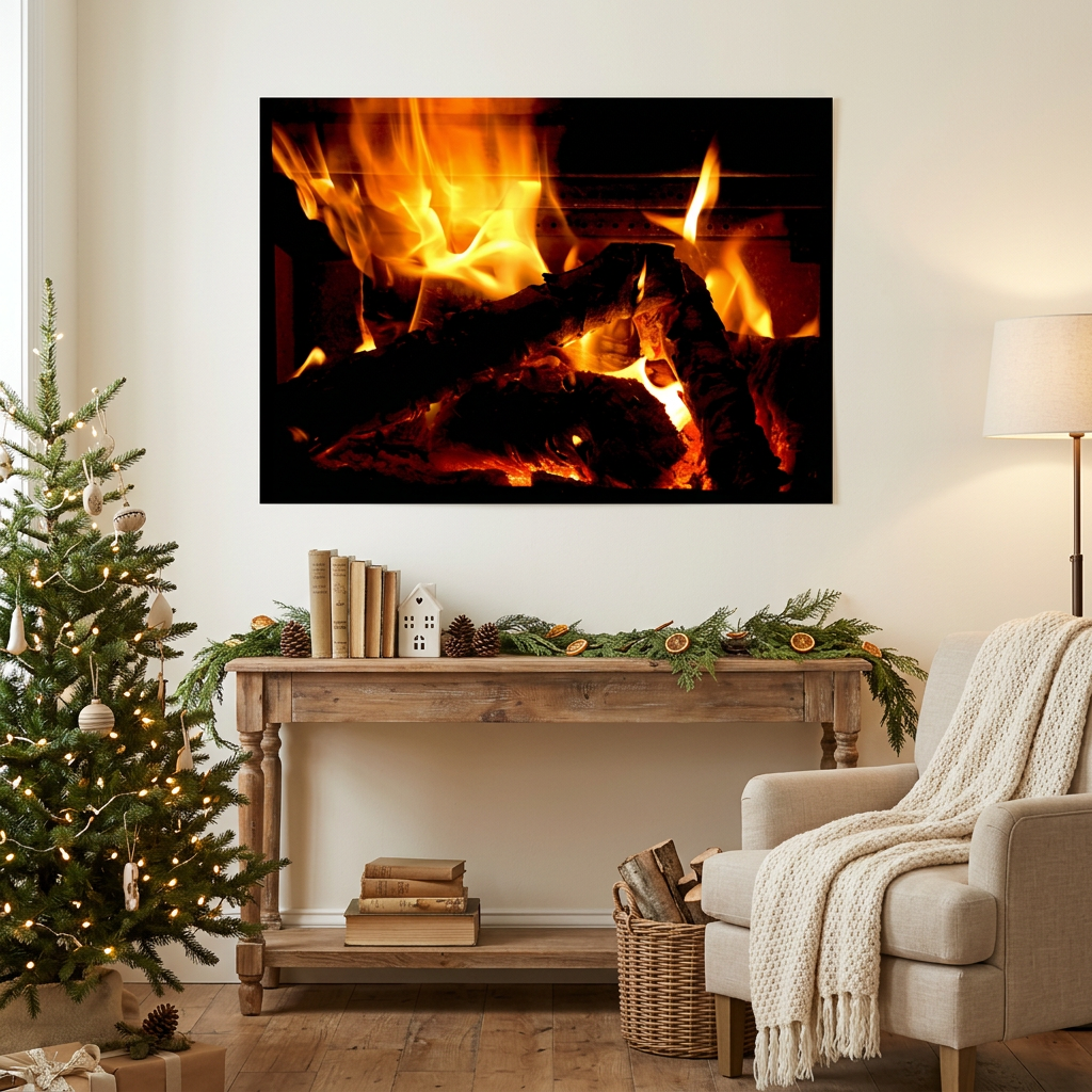 Yule Log Christmas poster displayed above a wooden console in a cozy holiday living room