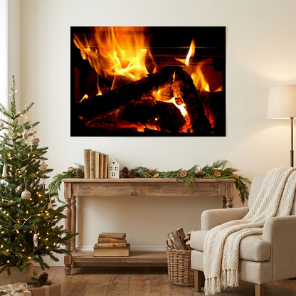 Yule Log Christmas poster displayed above a wooden console in a cozy holiday living room