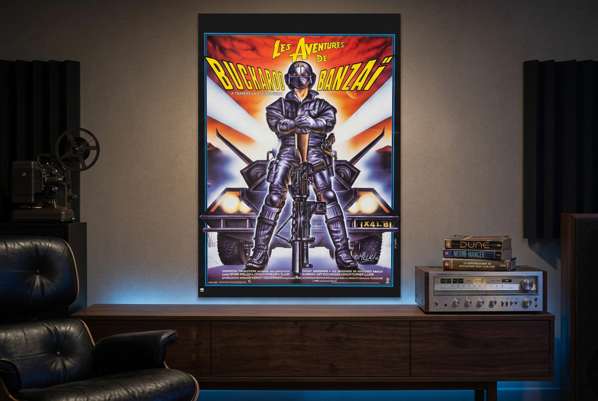 Buckaroo Banzai French poster displayed above a media console in a retro sci-fi home cinema