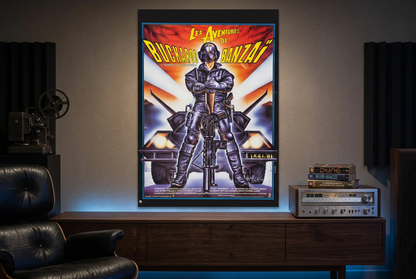 Buckaroo Banzai French poster displayed above a media console in a retro sci-fi home cinema