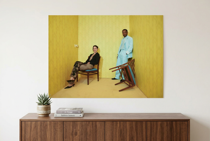 Backrooms Yellow Room Duo poster displayed above a walnut sideboard in a lifestyle mockup