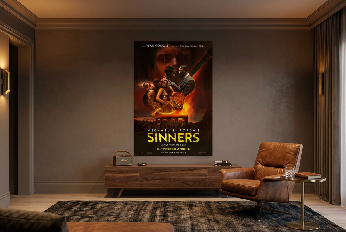 Sinners 40x60 inch XXL movie poster displayed in an elegant cinema lounge with walnut furniture and cognac leather seating