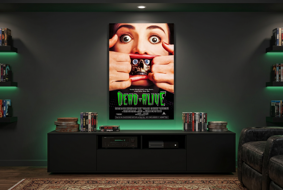 Dead Alive poster displayed above a black media console in a green-accented cult-horror home cinema