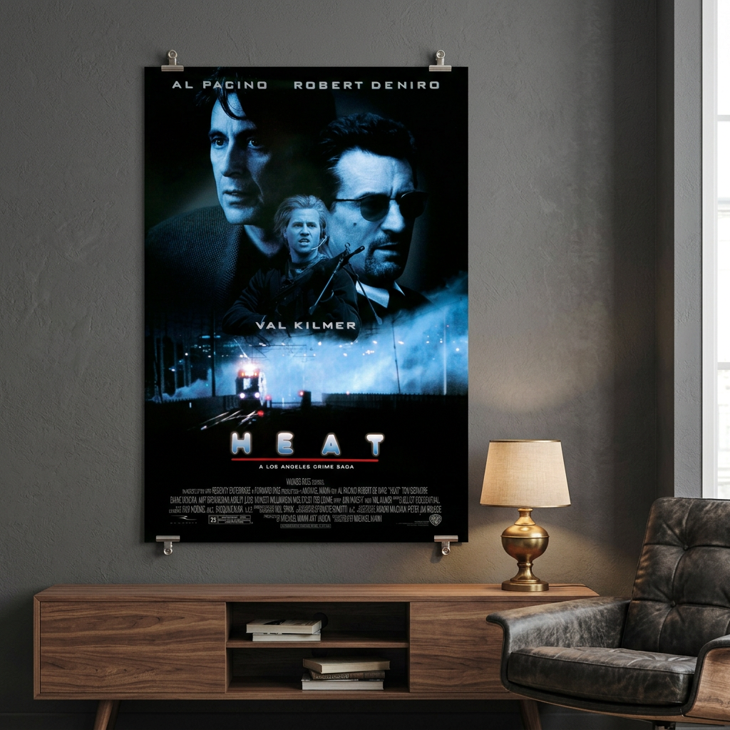 Heat 24 x 36-inch movie poster displayed in a charcoal-walled home theater with a walnut console and warm lamp.