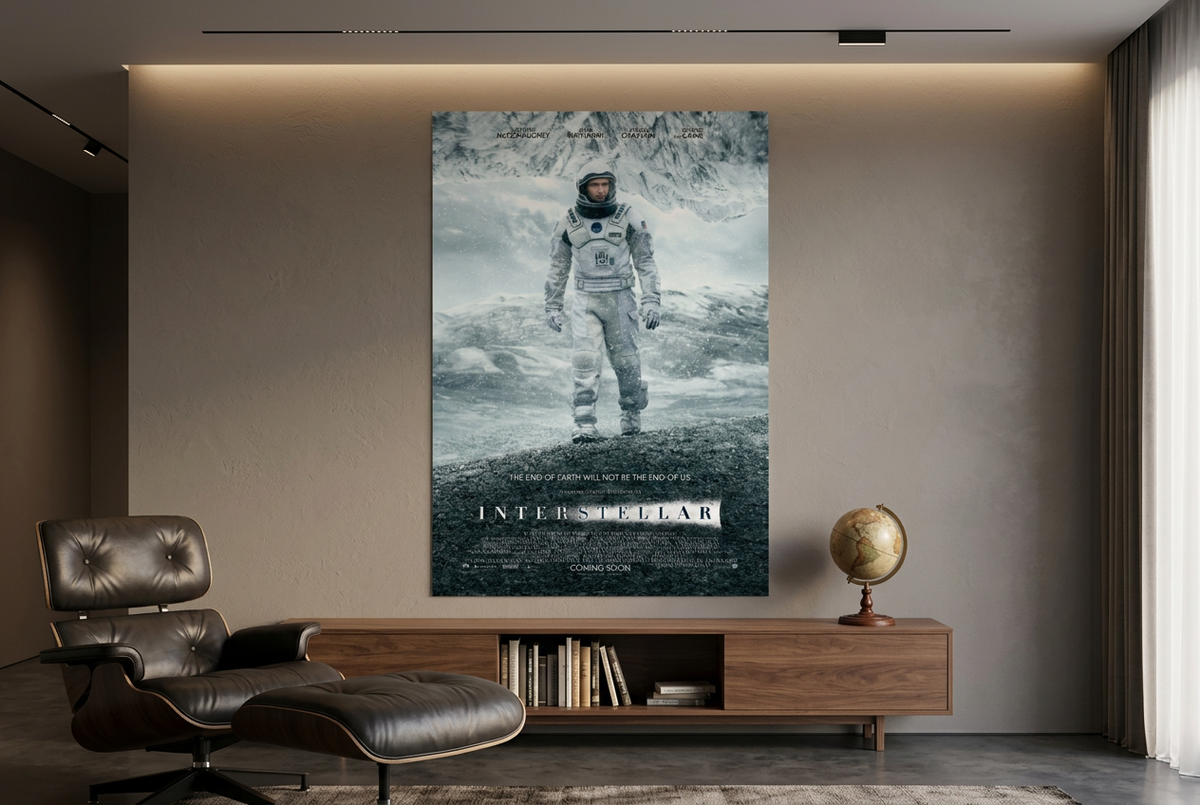 Interstellar 40x60 inch XXL movie poster displayed unframed in a collector’s lounge above a walnut console