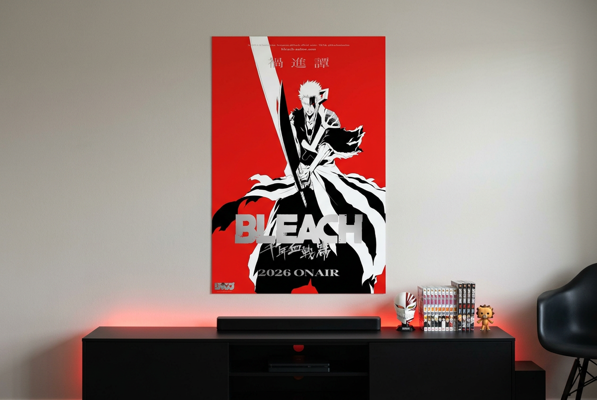 Bleach poster displayed in a red-and-black anime collector's media lounge lifestyle mockup