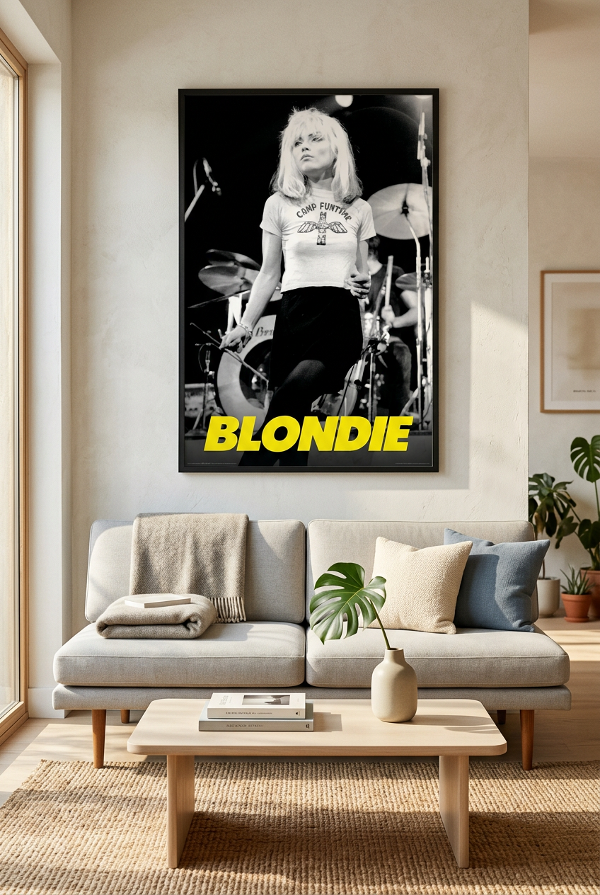 Debbie Harry Blondie concert photo 24x36 poster framed on a living room wall above a sofa