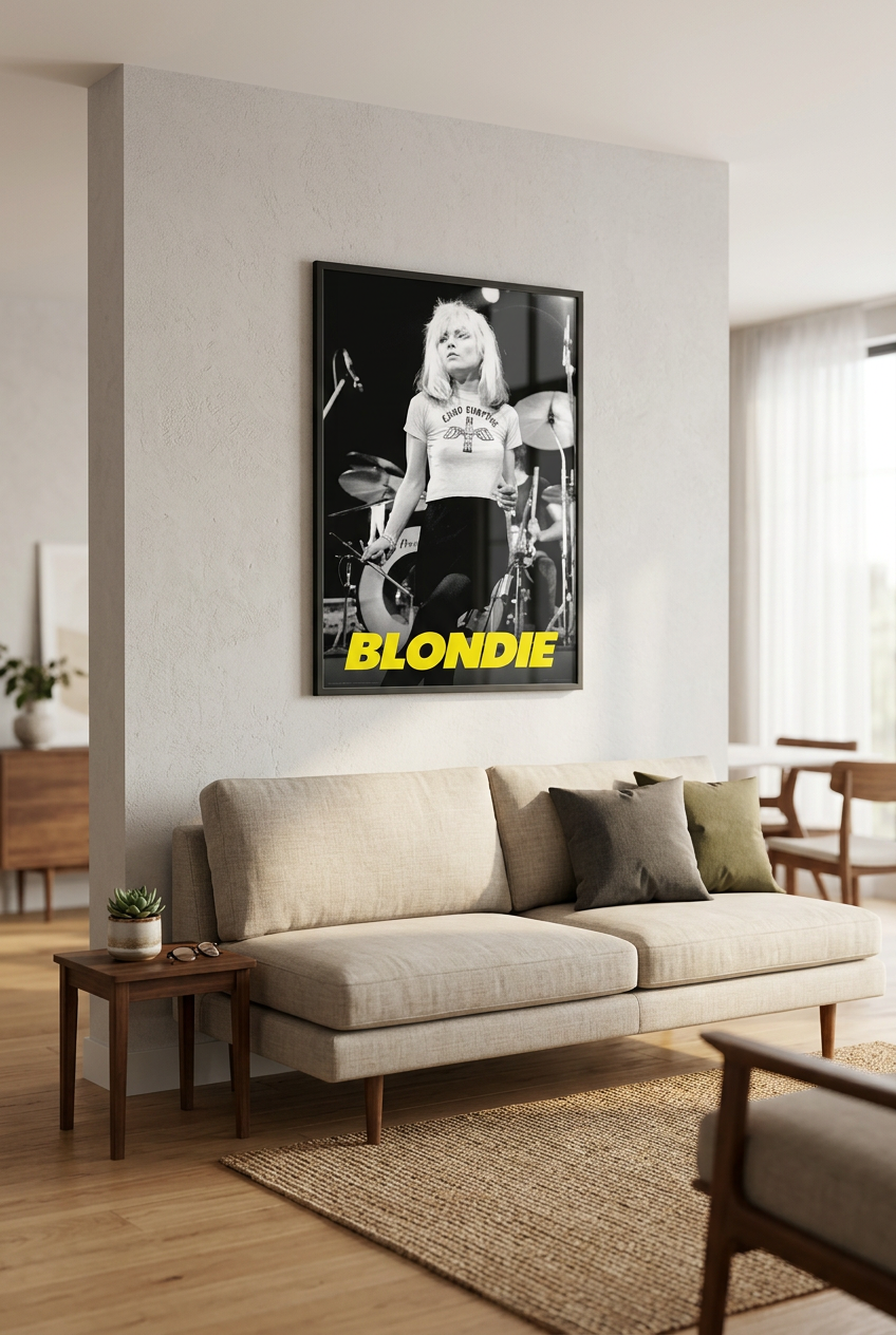 Debbie Harry Blondie concert photo 16x24 poster framed on a living room wall above a sofa