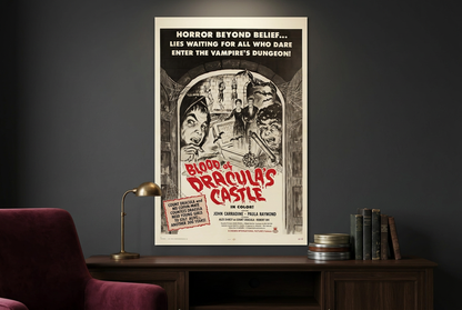 Blood of Dracula's Castle poster displayed above a dark wood console in a gothic home cinema lifestyle mockup