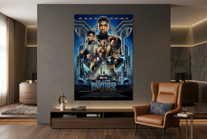 Black Panther 40x60 inch XXL movie poster displayed unframed above a walnut console in a collector’s cinema lounge