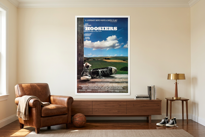 Hoosiers 40x60 inch XXL movie poster displayed above a walnut console in a basketball fan’s lounge
