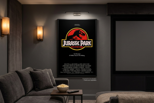 Jurassic Park poster in a warm, charcoal-toned home theater