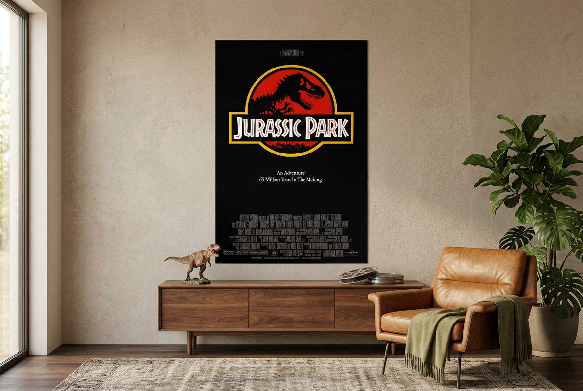 Jurassic Park XXL poster in a collector’s movie lounge