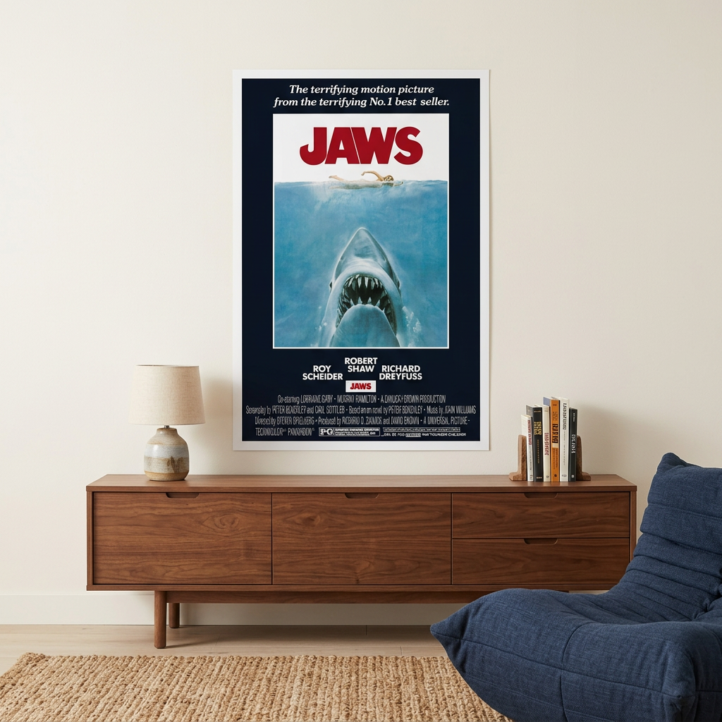 Large Jaws poster in a coastal-inspired home cinema